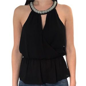 HAVE Brand Black Peplum Blouse Size S Rhinestone Neckline Cross-Over Front